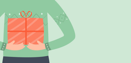 Cute cartoon surprised girl holding a present box. A holiday gift. Christmas conceptのイラスト素材