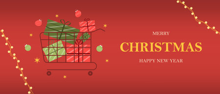 Merry Christmas and Happy New Year. A beautiful red banner for a website, post, postcard, page or appのイラスト素材