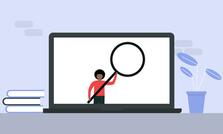 SEO ranking, search engine optimization. Man with an expansion glass in his handsのイラスト素材