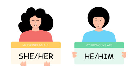 English pronouns She and He. Beautiful girl and man with signs for a book, presentation, website, application, educationのイラスト素材