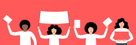 Crowd of protesters people. Silhouettes of hands people with bannersのイラスト素材