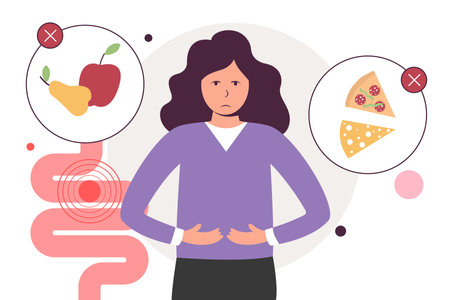 Character with food allergy. Problem with stomach. Hypersensitivity to components of the foodのイラスト素材