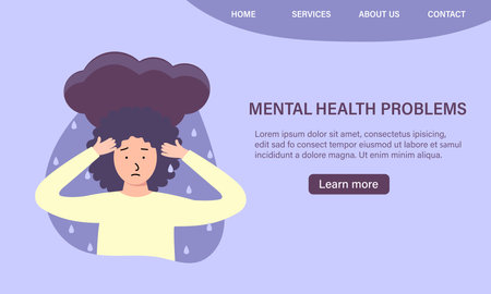 Depressed woman clutching her head in the rain. Mental disorder, sadness and depression concept. Physical and emotional violence against womenのイラスト素材