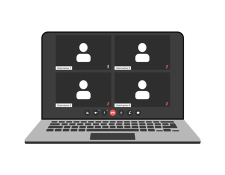 Videocall interface, video call screen icons and UI template for laptop, vector overlay. Video conference or videocall online chat mockup for laptop application with call buttonsのイラスト素材