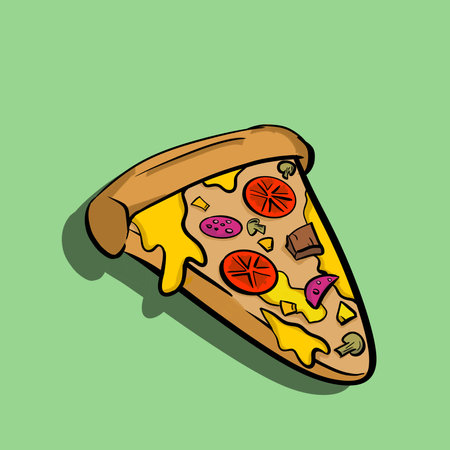 Pizza slice with melted cheese and pepperoni. Cartoon sticker in comic style with contourのイラスト素材
