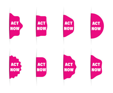 Action now set of labels. Advertising icons that look from the side. Marketing red singsのイラスト素材