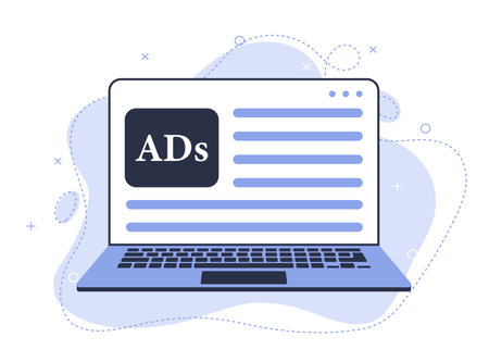 Digital advertising, online ads showing on laptop, cross channel marketing, responsive ads, customer targeting with behavior tracking advertisingのイラスト素材