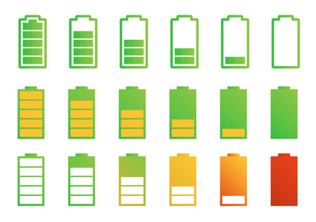 Device charging icons set. Small, medium and large charge levels. Icon for phone, laptop, app and presentationのイラスト素材