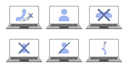 Laptop with wireless not connected on screen. Flat vector simple icon. Icon no connect. Video call iconsのイラスト素材