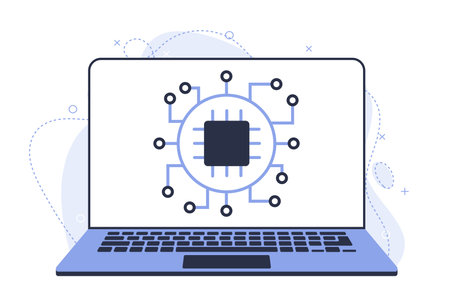 Illustration of a laptop with an updated chip. New software version. Improved characteristicsのイラスト素材
