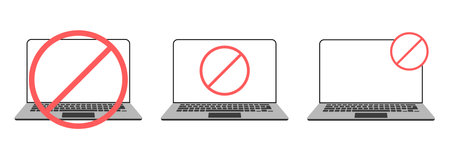 Warning sign. A set of illustrations of a laptop with a stop signのイラスト素材