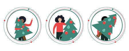 Happy people in different poses holding a Christmas tree. Waiting for the New Year holidaysのイラスト素材