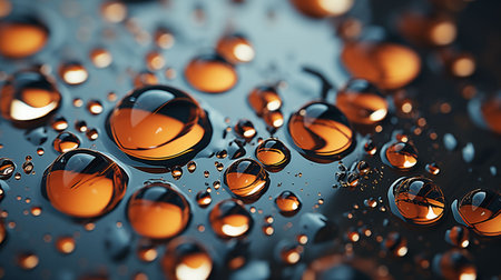 Water droplets on a flat surface, reflecting light and creating a visually striking patternの素材