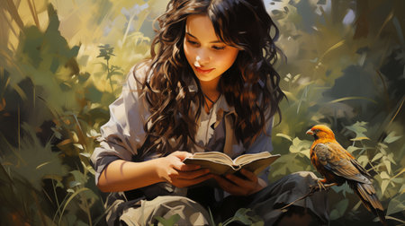 Girl Reading a Book With a Bird on Her Lap. Generative AI.の素材