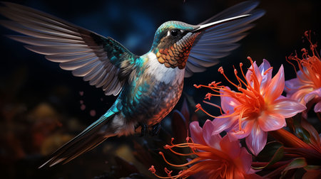Hummingbird Hovering Over a Bunch of Flowers. Generative AI.の素材