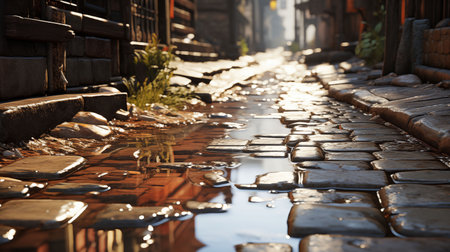 Puddle of Water on a Cobblestone Street. Generative AI.の素材