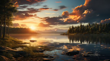 Painting of a Sunset Over a Lake. Generative AI.の素材