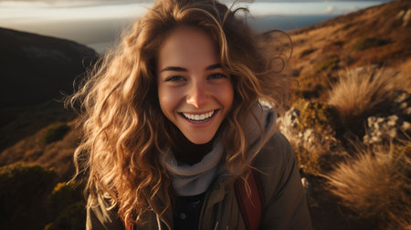A woman stands on top of a mountain, smiling with joy.の素材