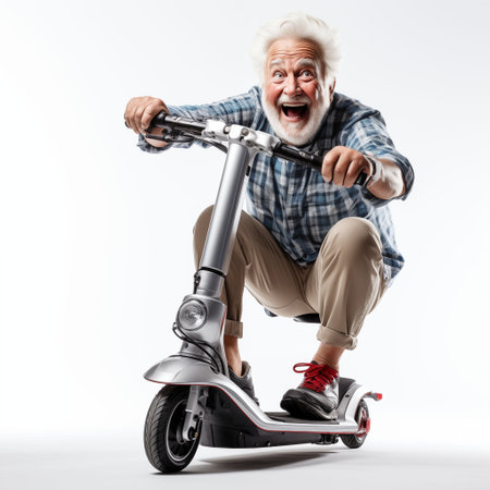 Surprised Older Man Riding a Scooter. Generative AI Photo on White Background.の素材