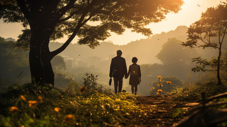 Two people of individuals walk together down a dirt road surrounded by trees and fields.の素材