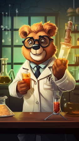 Animated Bear Character in Lab Coat Performing a Chemistry Experiment. Generative AIの素材