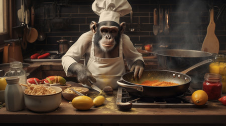 Monkey wearing a chefs hat skillfully cooks in a busy kitchen, using various utensils to prepare a meal. Generative AI.の素材