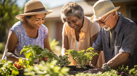 A diverse old people group of individuals actively cultivating and caring for various plants in a vegetable garden.の素材