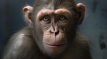 Detailed view of a monkey with distinct yellow eyes, showing its unique features and expressions. Generative AI.の素材