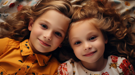 Two little girls laying on a bed together. Generative AIの素材
