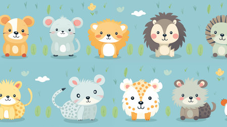 Group of various animals standing in grassland. Generative AIの素材