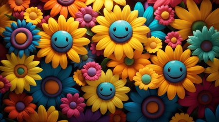 Colorful flowers with smiley faces. Generative AIの素材