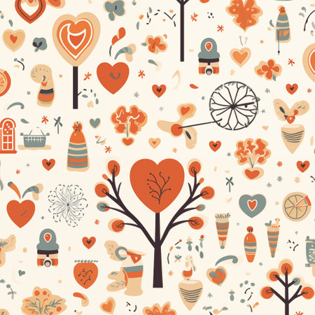 Pattern of trees, hearts, and other shapes on white background. Generative AIの素材