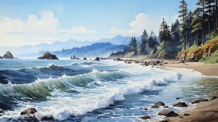 Painting of a beach with waves crashing on the shore. Generative AIの素材