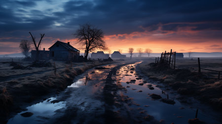 Stream flowing through rural countryside under cloudy sky. Generative AIの素材