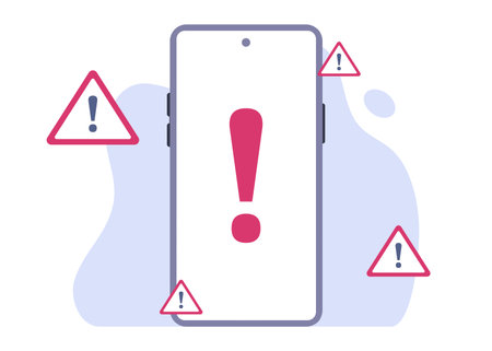A red exclamation point warning icon is displayed on a smartphone screen, surrounded by red triangle warning icons. The phone is set against a white background with a light blue splotch behind itのイラスト素材