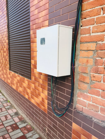 An electrical utility box mounted on a brick exterior.