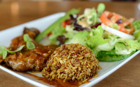 STEAK, RICE AND SALADの写真素材