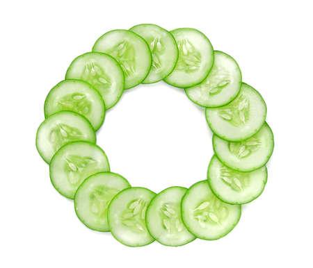 Fresh cucumber slice isolated on white backgroundの写真素材