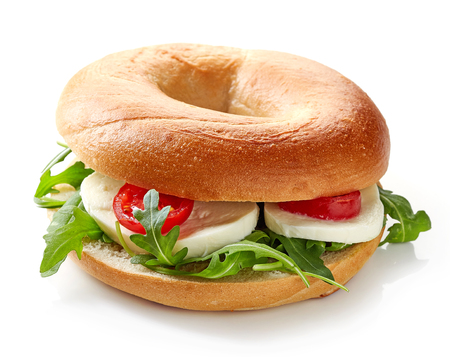 Fresh bagel sandwich isolated on white backgroundの写真素材