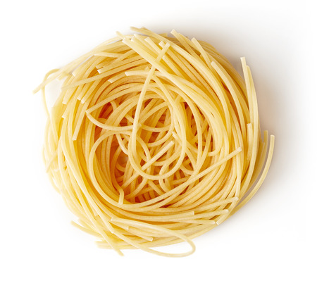 Egg pasta nest isolated on white background, top viewの写真素材