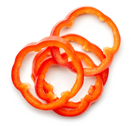 Bell pepper slices isolated on white background, top viewの写真素材