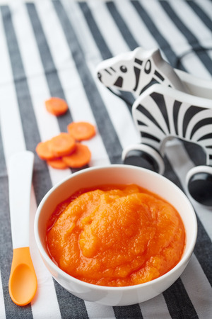 Pumpkin and carrot baby puree in bowl with baby spoon and zebra toy on striped tableclothの写真素材