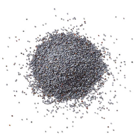 Heap of poppy seeds isolated on white background, top viewの写真素材