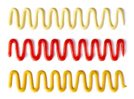 Splashes of tomato ketchup, mayonnaise and mustard isolated on white background, top view