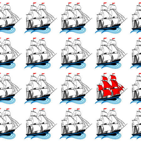 Sailing ships with white and red sails. Vector seamless patternのイラスト素材