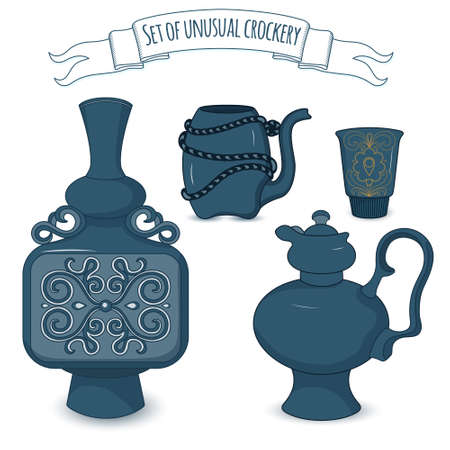 Set of decorated eastern crockery: jar, coffee pot, drinking bowl and cup. Vector illustrationのイラスト素材