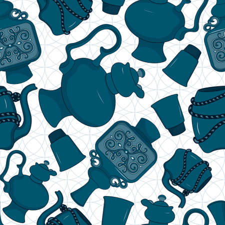 Seamless pattern with decorated eastern jars, coffepots, drinking bowls and glassesのイラスト素材