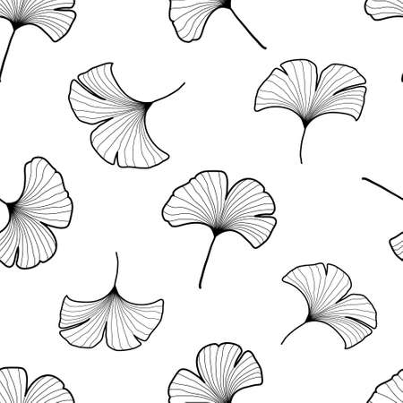 Black and white graphic ginkgo leaves seamless pattern. Palm tree background. Textile, fabric, texture, poster. Vector illustrationのイラスト素材