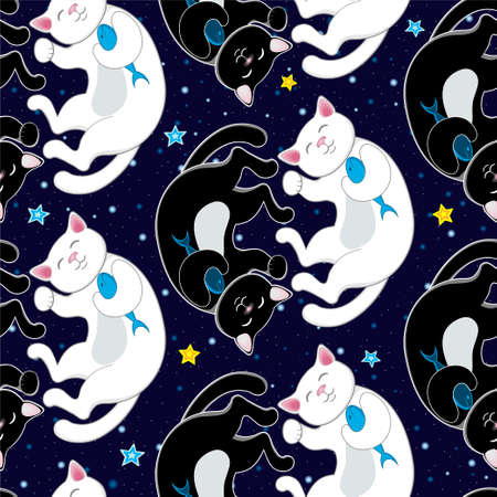 Seamless vector pattern with black and white happy cats, fish and starsのイラスト素材