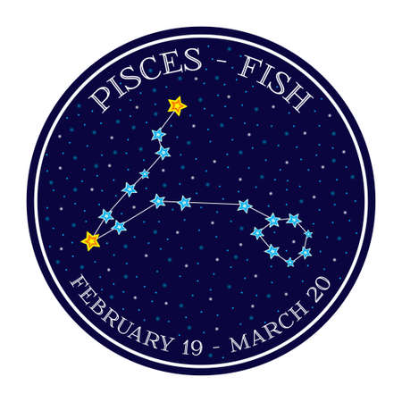 Pisces zodiac constellation in space. Cute cartoon style vector illustration. Round emblem with zodiac sign name and datesのイラスト素材